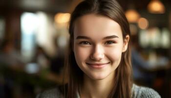 souriant Jeune femme avec marron cheveux, à la recherche à caméra généré par ai photo