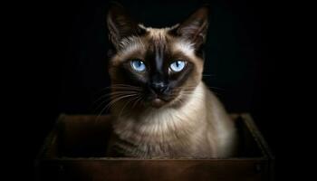 mignonne chaton séance, à la recherche à caméra avec bleu yeux généré par ai photo