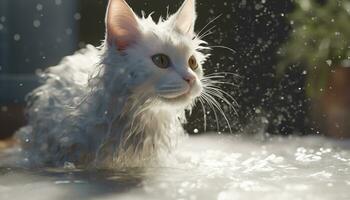 mignonne chaton en jouant dans le neige, regarder avec curieuse yeux généré par ai photo