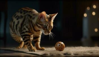 mignonne national chat en jouant avec une petit Jaune football Balle généré par ai photo