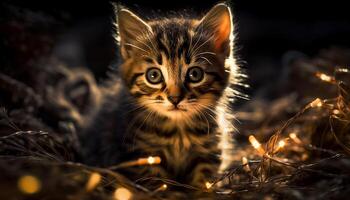 mignonne chaton séance dans herbe, regarder avec curieuse Jaune yeux généré par ai photo