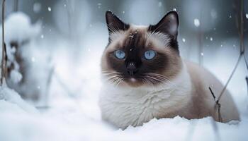 mignonne chaton séance dans neige, regarder à caméra avec curiosité généré par ai photo