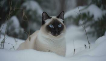 mignonne chaton séance dans neige, regarder à caméra avec curiosité généré par ai photo