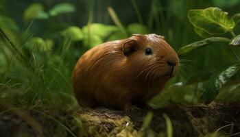 mignonne Guinée porc séance dans le herbe, en mangeant vert les plantes généré par ai photo