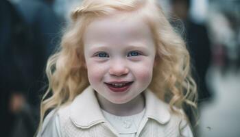souriant enfant, de bonne humeur et mignon, rayonnant bonheur dans portrait en plein air généré par ai photo