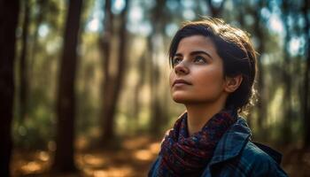 Jeune femme dans l'automne forêt, à la recherche loin, souriant, entouré par beauté généré par ai photo