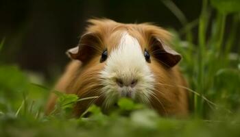 mignonne Guinée porc en mangeant herbe, à la recherche à caméra dans Prairie généré par ai photo