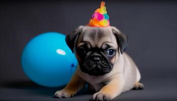 mignonne chiot séance, à la recherche à caméra, célébrer anniversaire avec cadeau généré par ai photo