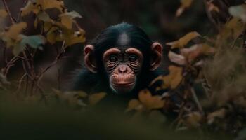 mignonne Jeune singe séance dans le forêt, regarder à caméra généré par ai photo