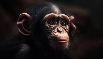 mignonne primate dans tropical forêt tropicale, regarder avec triste expression généré par ai photo