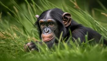 mignonne singe séance dans le vert forêt, regarder à caméra généré par ai photo