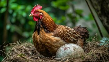 une mignonne coq nain coq des stands dans une vert prairie, chant généré par ai photo