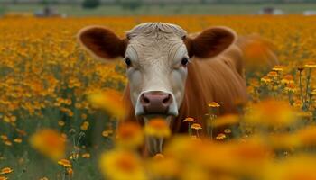 mignonne vache pâturage sur vert prairie, entouré par magnifique fleurs généré par ai photo