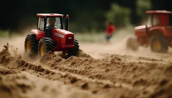 agriculteur charrues champ avec tracteur, en train de préparer terre pour plantation généré par ai photo