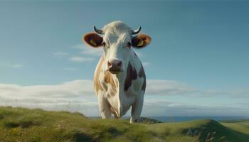 mignonne vache pâturage sur vert prairie, à la recherche à caméra généré par ai photo