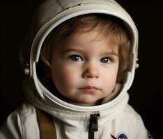 mignonne portrait de une petit bébé garçon, à la recherche à caméra généré par ai photo