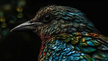 majestueux oiseau perché sur bifurquer, plumes iridescent dans vibrant couleurs généré par ai photo