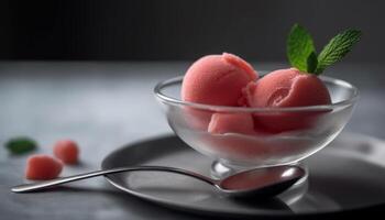 Frais framboise la glace crème dans une gourmet bol, une sucré indulgence généré par ai photo