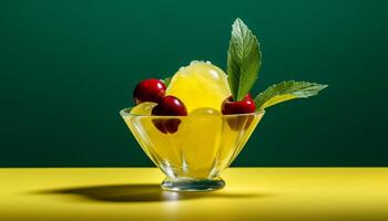 fraîcheur de été Jaune citron, vert feuille, mûr agrumes fruit généré par ai photo