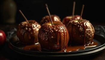 une assiette de frais, fait maison Chocolat plongé fruit pour indulgence généré par ai photo