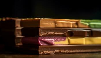 une tentant tas de foncé Chocolat bonbons sur une en bois table généré par ai photo