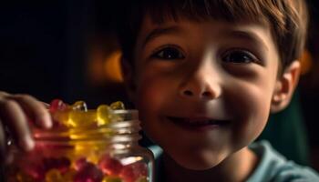 souriant garçons et mignonne les filles profiter sucré nourriture à Accueil généré par ai photo