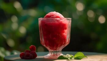 Frais framboise dessert sur en bois tableau, une été rafraîchissement délice généré par ai photo