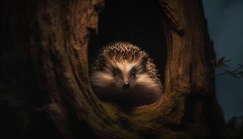 mignonne petit hérisson dans le forêt, à la recherche à caméra en alerte généré par ai photo