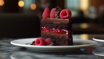 une gourmet Chocolat gâteau avec framboise et fraise décoration généré par ai photo