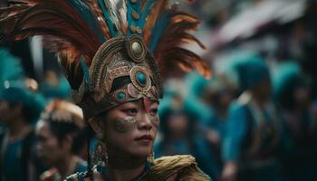 une magnifique Jeune femme dans traditionnel Vêtements à une culturel Festival généré par ai photo