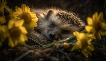 mignonne petit mammifère, une hérisson, à la recherche à une Jaune fleur généré par ai photo