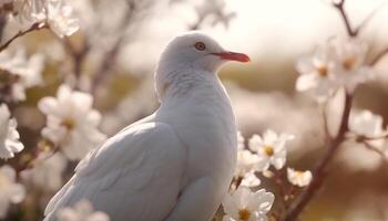 mouette se percher sur bifurquer, plumes dans lumière du soleil, la nature tranquillité généré par ai photo