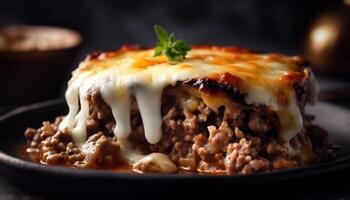 une sarriette, fait maison lasagne avec bœuf, Pâtes, et fondu fromage généré par ai photo