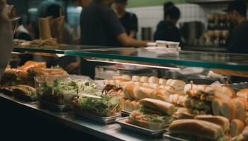 fraîcheur et variété de gourmet repas dans une animé supermarché généré par ai photo