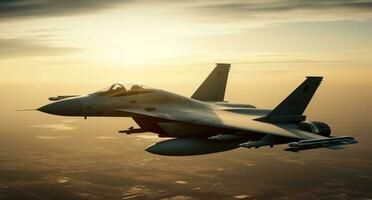 combattant avion en volant haute dans le coucher de soleil, armé les forces dans mouvement généré par ai photo