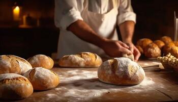 une boulanger main pétrissage Frais pâte pour fait maison pain généré par ai photo