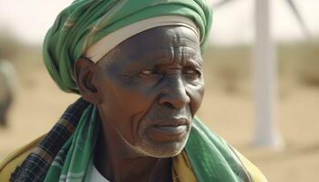 un africain homme souriant, à la recherche à caméra, représentant indigène culture généré par ai photo