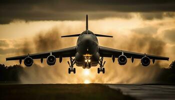 en volant avion dans le coucher du soleil ciel, prise de pour affaires Voyage généré par ai photo