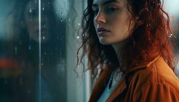 Jeune femme à la recherche en dehors fenêtre, goutte de pluie sur verre, sentiment solitaire généré par ai photo