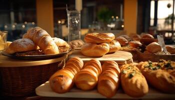 fraîchement cuit pain sur en bois tableau, une gourmet indulgence généré par ai photo