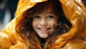 souriant enfant jouit le pluie, bonheur dans humide en plein air généré par ai photo