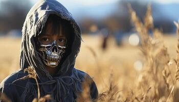 Jeune adultes souriant, à la recherche à caméra, en plein air dans effrayant Halloween costumes généré par ai photo