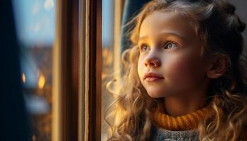 une mignonne fille à la recherche par fenêtre, souriant avec bonheur généré par ai photo