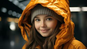 souriant femme dans imperméable jouit l'automne en plein air, à la recherche à caméra généré par ai photo