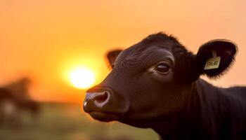 vache pâturage dans une vert prairie, baigné dans d'or lumière du soleil généré par ai photo