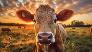 vaches pâturer dans le prairie, baigné dans le coucher du soleil d'or lumière généré par ai photo