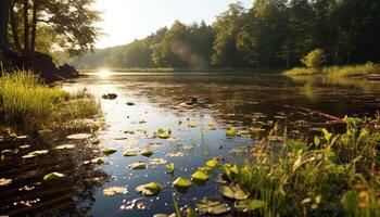 la nature beauté réfléchi dans tranquille étang, entouré par luxuriant verdure généré par ai photo