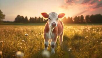 mignonne vache pâturage sur vert prairie, la nature beauté à le coucher du soleil généré par ai photo