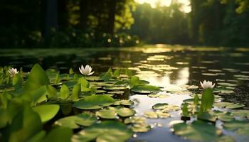 tranquille scène de une lotus l'eau lis dans une étang généré par ai photo