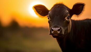 vache pâturage dans une vert prairie, baigné dans d'or lumière du soleil généré par ai photo